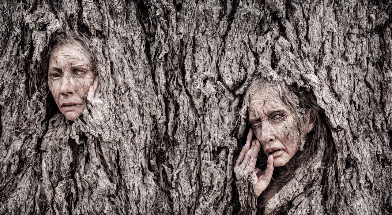 Image similar to close-up of a crying ancient dried up goddess, peaceful, facing the camera and standing in front of a dried up river in a desolate land, dead trees, blue sky, hot and sunny, highly-detailed, elegant, dramatic lighting, artstation, 4k, cinematic landscape, photograph by Elisabeth Gadd