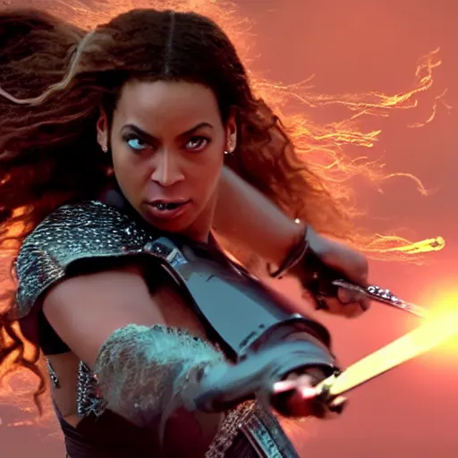 Image similar to a beautiful cinematic image of a beyonce wielding a sword, cinematic, 4k, realistic, anime artwork, rtx, hyperrealistic, unreal