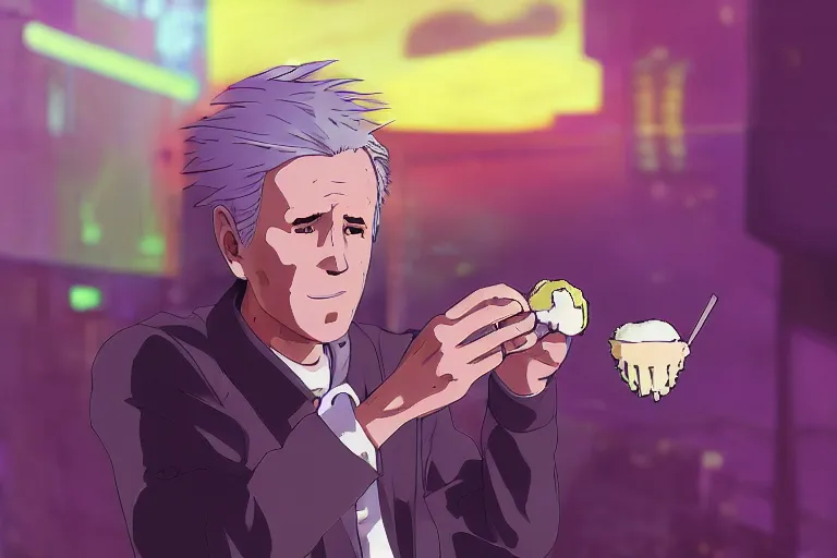 Prompt: anime joe biden eating ice cream, 3 5 mm film still, wired landscape, cyberpunk, volumetric lighting, photo realistic, digital art, anime background, violet colour palette, very detailed faces