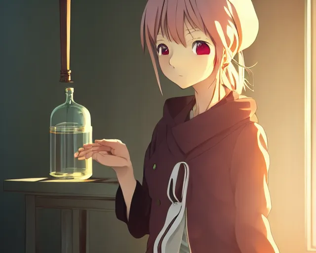 Image similar to anime visual, portrait of a young female traveler in a alchemist's potion shop interior, cute face by katsura masakazu and yoh yoshinari,, cinematic luts, cold studio lighting, dynamic pose, dynamic perspective, strong silhouette, anime cels, ilya kuvshinov, cel shaded, crisp and sharp, rounded eyes, moody