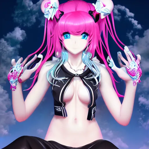 Prompt: unexpectedly trapped beneath stunningly absurdly huge beautiful omnipotent asi goddess junko enoshima with an enigmatic complex twisted deceptive innocent - looking mesmerizing megalomaniacal yandere personality, symmetrical perfect face, porcelain skin, pink twintail hair and cyan eyes, ultra detailed, digital art, unreal engine 5, octane render, 2 d anime, 8 k