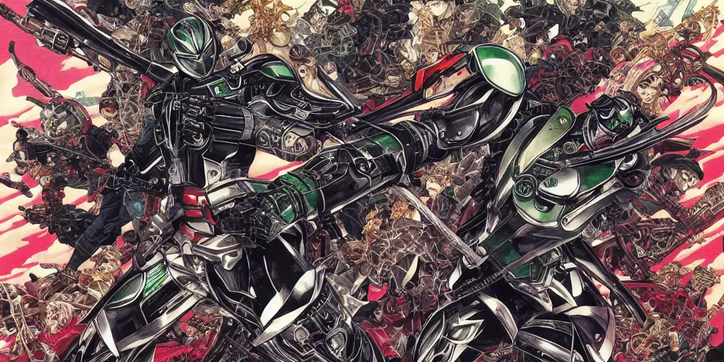 Image similar to kamen rider rx, by yoichi hatakenaka, masamune shirow, josan gonzales and dan mumford, ayami kojima, takato yamamoto, barclay shaw, karol bak, yukito kishiro