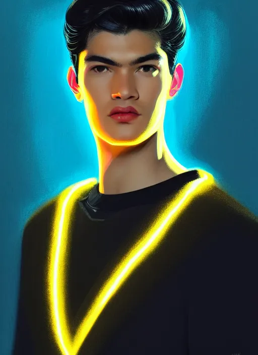 Image similar to portrait of young reggie mantle, mean smirk, egotistical, slicked back hair, striped yellow and black sweater, 1 9 5 0 s, intricate, elegant, glowing lights, highly detailed, digital painting, artstation, concept art, smooth, sharp focus, illustration, art by wlop, mars ravelo and greg rutkowski