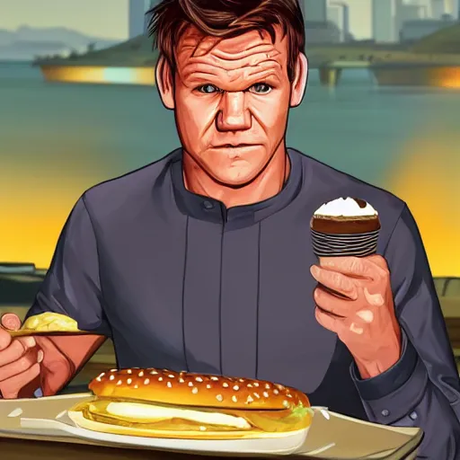 Prompt: GTA cover art of Gordon Ramsay eating an ice cream burger