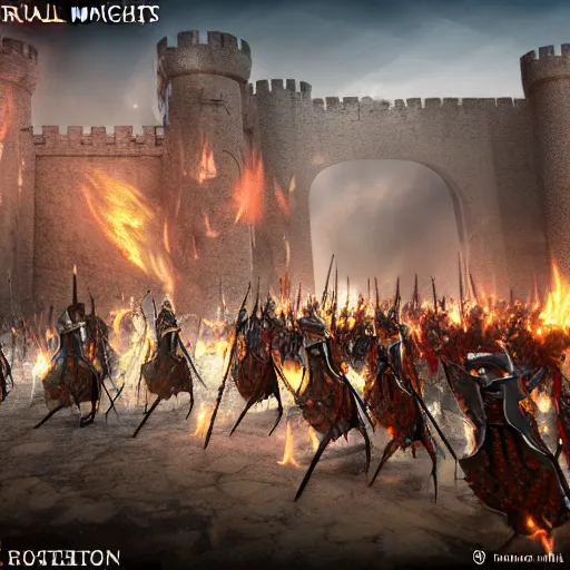 Image similar to medieval knights sieging an org castle while surrounded by fire and angry , Fantasy Apocalypse, MMO, Digital Art, 8k, Unreal Engine 5