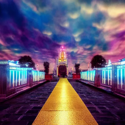 Prompt: l a long path to the gates of heaven with glowing clouds, illuminated background with streets made of gold & architecture made of crystal, photrealism, 4 k.