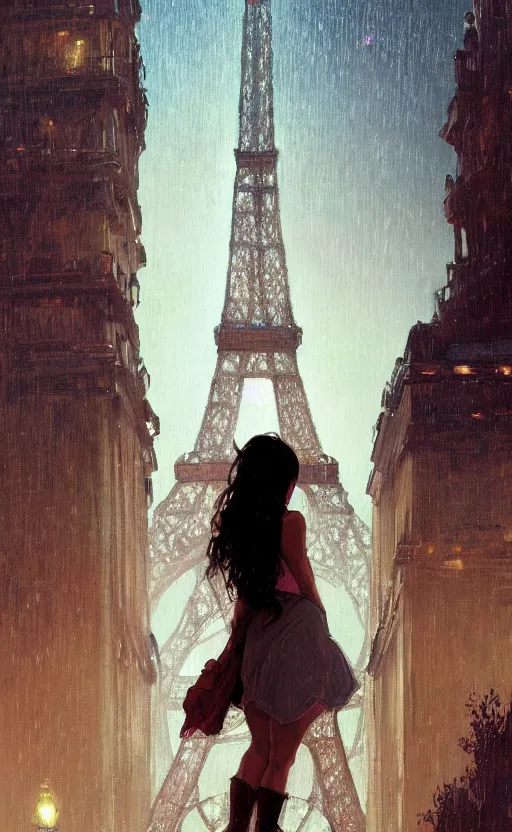 Image similar to Portrait of a latina teen climbing the Eiffel Tower in the rain at night, spy thriller, highly detailed, digital painting, artstation, realistic, concept art, illustration, art by Greg Rutkowski and alphonse mucha