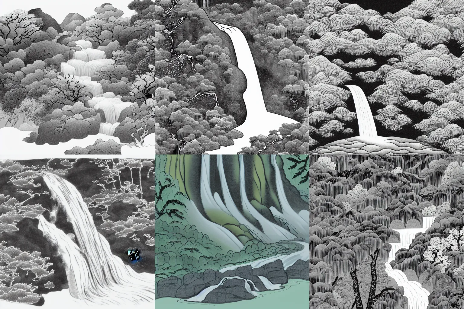 Prompt: an endless waterfall, detailed Sumi-e and Nishiki-e illustration