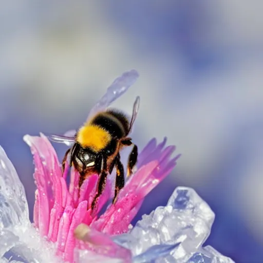 Image similar to a bee finding a beautiful flower, entrapped in ice, only snow in the background, beautiful macro photography, ambient light