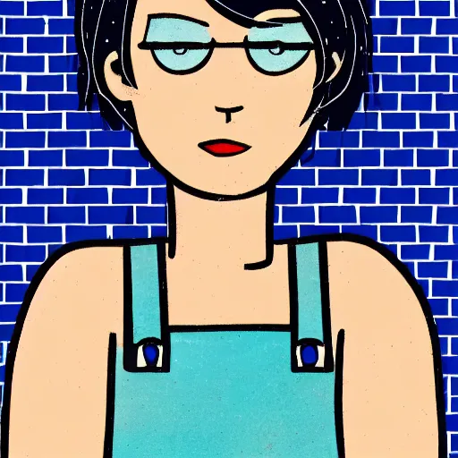 Image similar to short blue haired woman, sitting in tile bathroom, american pop animation style