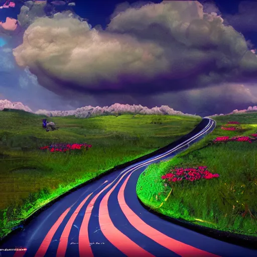 Prompt: a view of a road covered in colored rubber, digital matte painting, in the style of Tim Burton, 8k, highly detailed