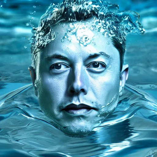 Image similar to water artwork manipulation in the shape of the head of elon musk, on the ocean water, ray tracing, realistic water sharp focus, long shot, 8 k resolution, cinematic, amazing water art