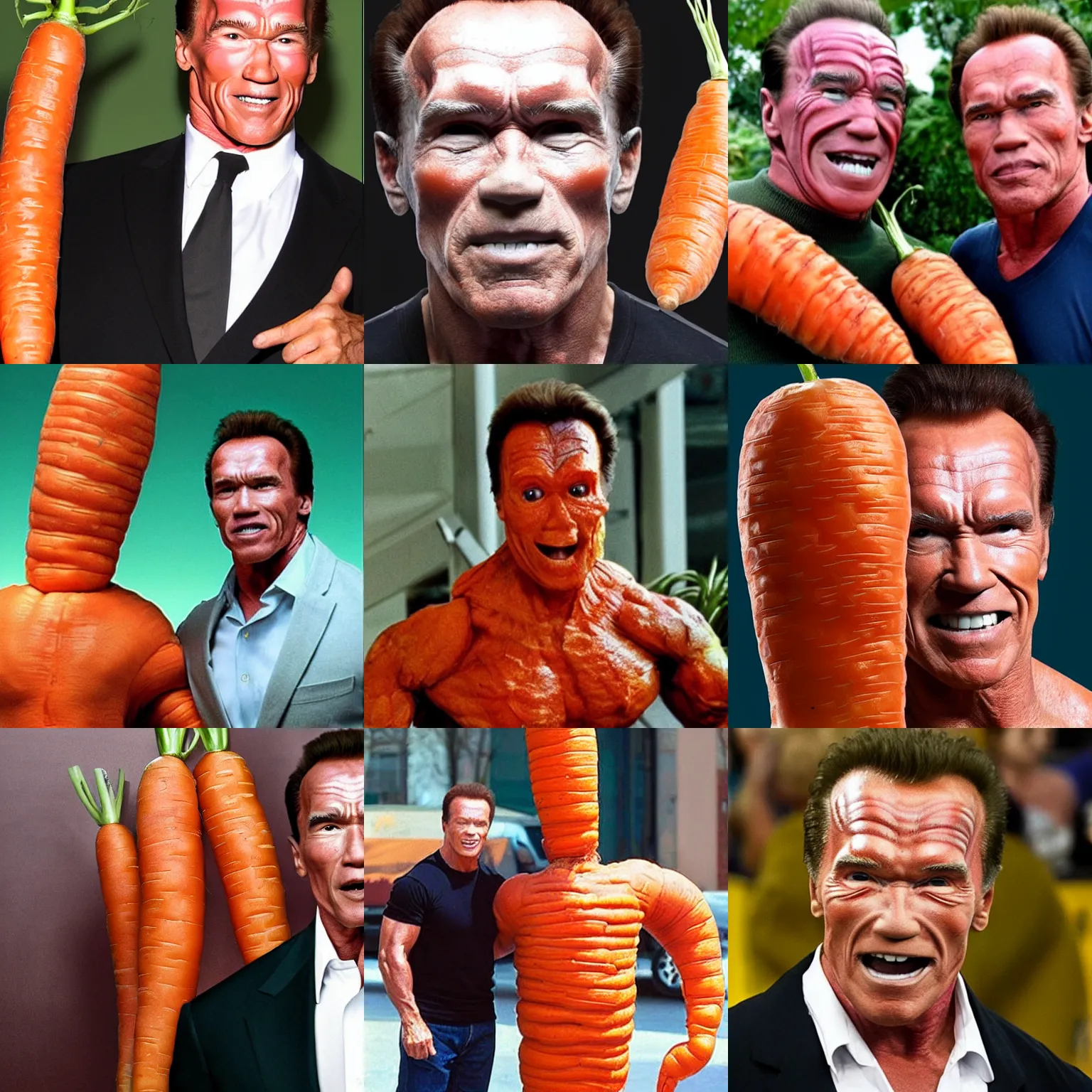 Prompt: photo of a mutated human carrot!!!!!! with arnold schwarzenegger!!!!!!! face