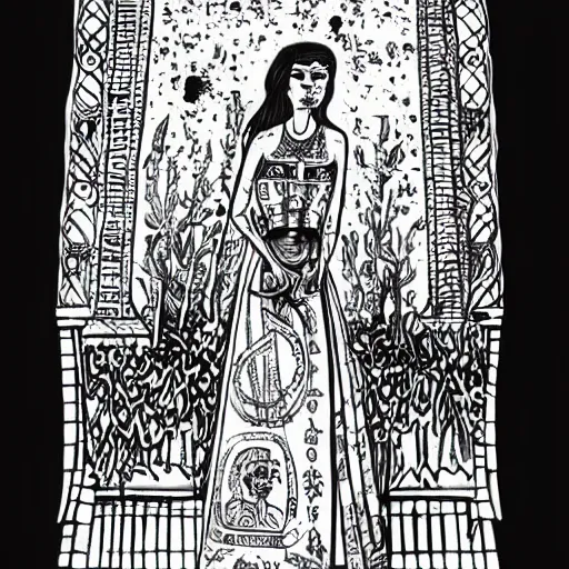 Prompt: in the tomb of empress sissi, vienna, austria, beautiful woman, zombie, pen and ink, line art