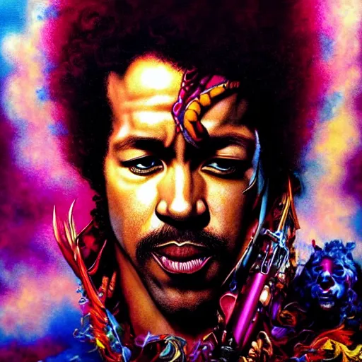 Prompt: uhd photorealistic portrait of ryan reynolds as jimi hendrix, by amano, ayami kojima, greg rutkowski, lisa frank, mark brooks, and karol bak, masterpiece, cinematic composition, dramatic pose, studio lighting, correct face, hyperdetailed, intricate details