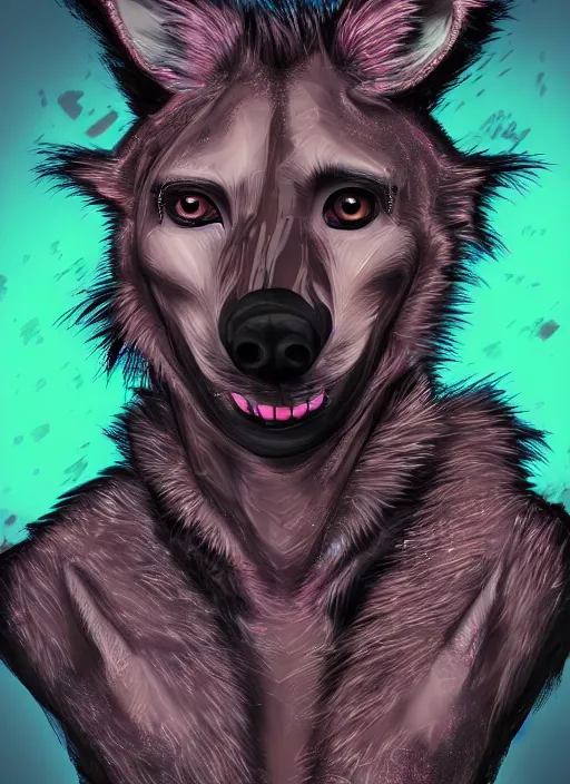 Image similar to cell shaded digital drawing of anthromorphic hyena female, fursona, furry fandom, neon rainy cyberpunk setting, anthro, wearing cyberpunk leather jacket, detailed face,