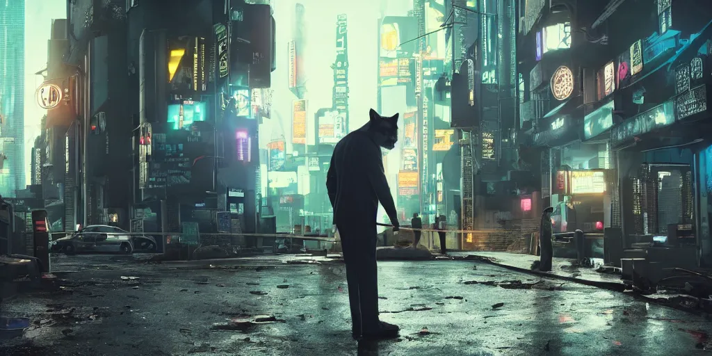 Image similar to a cat detective investigating a crime scene, cyberpunk 8k very detailed and sharp photo, cinematic