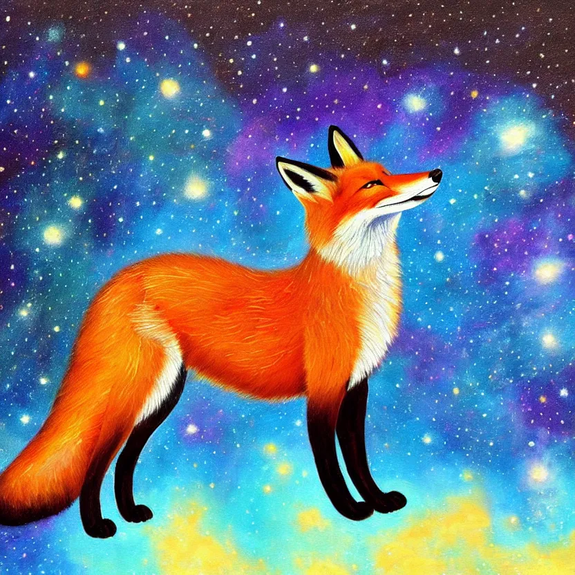 Image similar to a painting of a fox looking up at the colourful galaxy in the style of Starry Night, highly detailed, trending on artstation