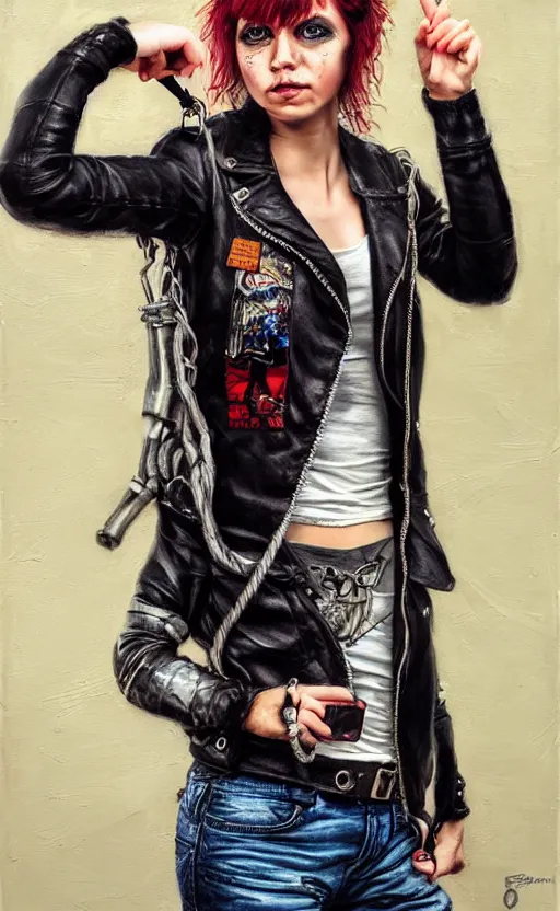 Image similar to cute punk rock girl making selfie, mad max jacket, renaissance, cables on her body, hyper realistic style, oil painting, fantasy by Olga Fedorova