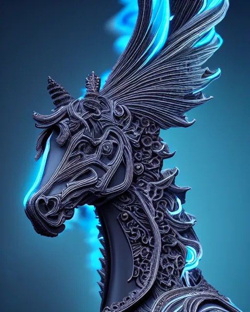 Image similar to 3 d ornate carved horse with profile portrait, sigma 5 0 0 mm f / 5. beautiful intricate highly detailed horse. bioluminescent, plasma, lava, ice, water, wind, creature, thunderstorm! artwork by tooth wu and wlop and beeple and greg rutkowski, 8 k trending on artstation