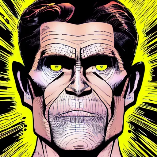 Prompt: dynamic macro head portrait of beautiful willem dafoe super hero in a black sequined jacket by john romita sr and cory walker and ryan ottley and jack kirby and barry windsor - smith, comic, illustration, photo real