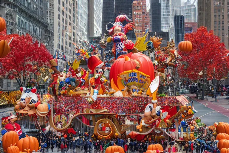 Prompt: photo of giant parade float designed by bosch in the macys thanksgiving parade, detailed 4 k photo