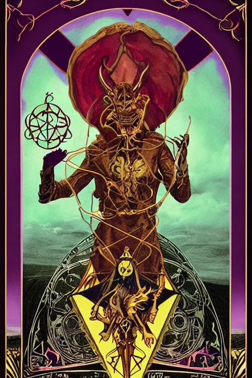 Image similar to A reimagining of the Rider–Waite tarot card The devil, steeped in occult symbols of power and authority, surreal horror motif, control dominion theme, detailed matte painting, digital illustration, global illumination, 8k resolution, face, short leg, long torso, low shoulder, long arm, asymmetric face, beautiful colors, occult symbols hidden, on old amber paper, RPG portrait, dynamic lighting