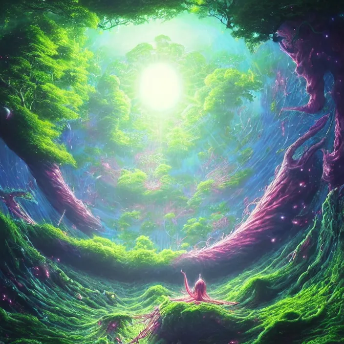 Prompt: Japan Lush Forest, official anime key media, Iwakura Lain, LSD Dream Emulator, paranoiascape ps1, official anime key media, painting by Vladimir Volegov, beksinski and dan mumford, giygas, technological rings, johfra bosschart, Leviathan awakening from Japan in a Radially Symmetric Alien Megastructure turbulent bismuth glitchart, Atmospheric Cinematic Environmental & Architectural Design Concept Art by Tom Bagshaw Jana Schirmer Jared Exposure to Cyannic Energy, Darksouls Concept art by Finnian Macmanus