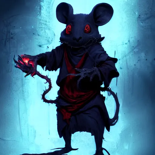 Prompt: photo of a ghostly rat with glowing red eyes, wearing tattered black burlap robes, floating in mist, clutching a blue flame in each hand, anthropomorphic rat, dark sorcerer, dark sorcery, black magick shaman, skaven, master splinter, nicodemus, photorealistic, artstation