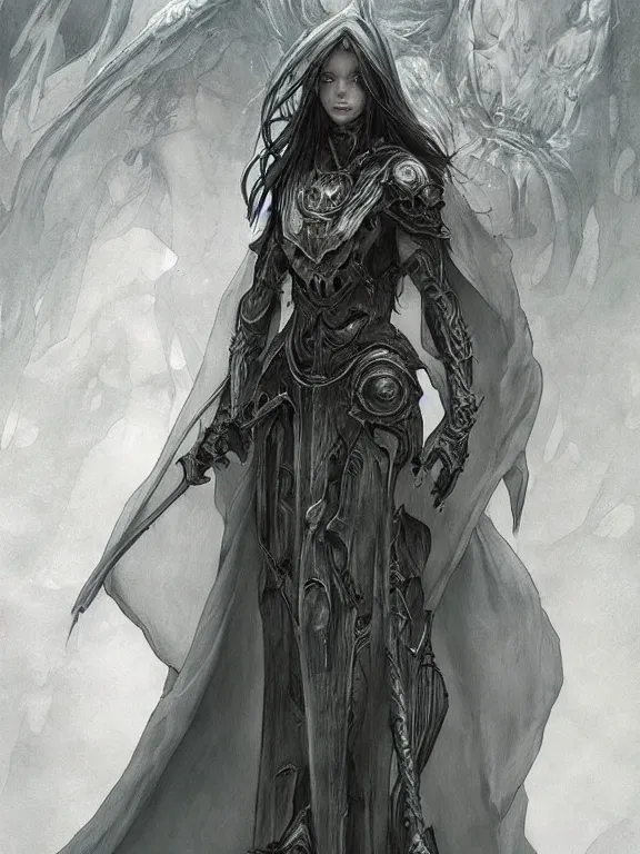 Image similar to female revenant, grey tarnished robes, vengeful, floating, no legs, high fantasy, magitek, monochromatic, matte digital illustration, by koyorin, donato giancola, pixiv