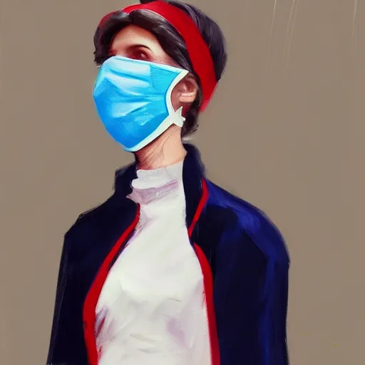 Image similar to A woman in 1980s clothing with a visor on her face and wearing a surgical mask, gucci catwalk, oil painting, digital art, ultradetailed, artstation