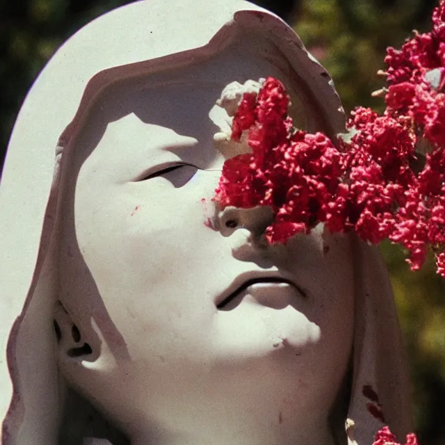 Image similar to closeup of crying white mother mary statue, pictured slightly from below, clear sky with blue clouds in background, covered in blood, vintage polaroid