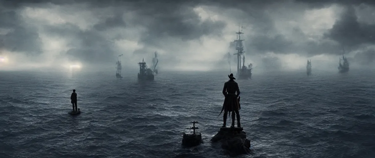 Prompt: a pirate standing on his ship watching alien ships over the sea, beautiful dramatic moody lighting, cinematic atmosphere, high detail, 8k, ornate, dark fantasy, masterpiece, complex, film still from the movie directed by Denis Villeneuve with art direction by Gregory Crewdson, Joel Sternfeld