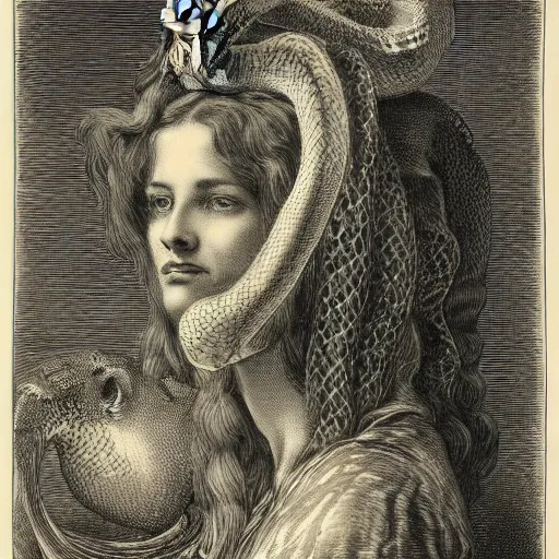 Prompt: young woman with multiple python heads, Engraving by Gustave Doré