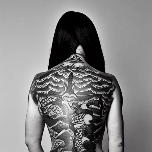 Image similar to photography of the back of a woman with a black detailed irezumi tatto representing a cute caracal on her entire back, dark hangar background, mid-shot, editorial photography