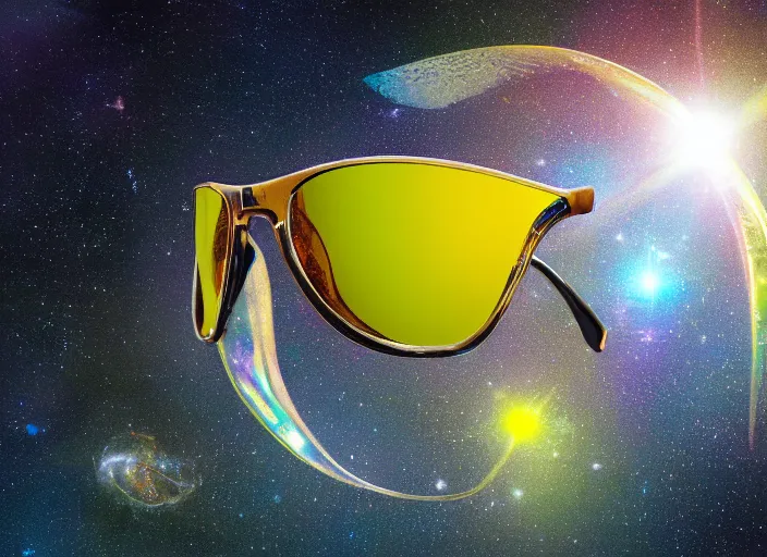 Prompt: yellow holographic sunglasses floating in outerspace