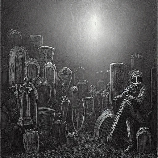 Prompt: 9 steel barrels in a graveyard, 2 zombies, creepy atmosphere, dark, portrait, realistic, illustration by gustave dore