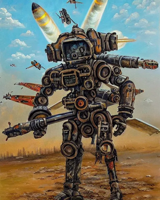 Image similar to sukhoi mech!!! armed with rockets and a minigun, humanoid figure, round machines, oil painting, soviet ( ( ( ( airplane ) ) ) ), tribal yurta, postapocalyptic, sharp focus