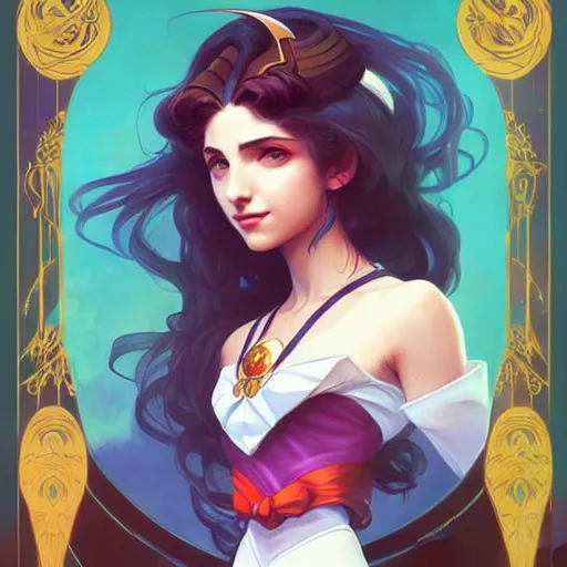 Image similar to Emily Rudd as Sailor Moon, western, D&D, fantasy, intricate, elegant, highly detailed, digital painting, artstation, concept art, matte, sharp focus, illustration, art by Artgerm and Greg Rutkowski and Alphonse Mucha