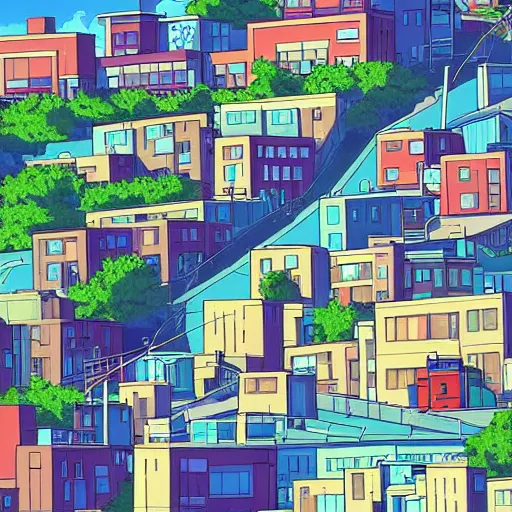 Prompt: city street, sloped street, city on tall hillside, street scene, colorful buildings, cel - shading, 2 0 0 1 anime, flcl, jet set radio future, golden hour, japanese town, concentrated buildings, japanese neighborhood, electrical wires, cel - shaded, strong shadows, vivid hues, y 2 k aesthetic