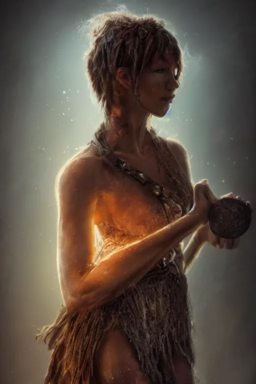 Prompt: portrait of a shadowing figure in brown rags holding a magical item, gladiator arena, volumetric lighting, model, hdr, 2 4 mp, fantasy, high detail, elegant, digital painting, natural light, vibrant, intricate, textured skin, highly detailed, artstation, sharp, focus, illustration, anna dittmann, ilya kuvshinov, nikolay makovsky