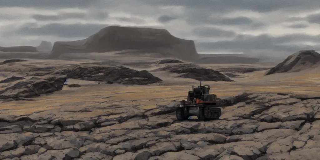 Image similar to barren icelandic landscape, dark gravel, huge abandoned mining equipment, style of ralph mcquarrie