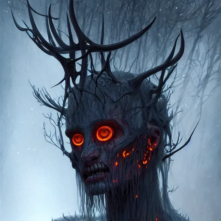 Prompt: translucent Wendigo with flaming eyes, veiled in mist, diffuse lighting, fantasy, intricate, elegant, highly detailed, lifelike, photorealistic, digital painting, artstation, illustration, concept art, smooth, sharp focus, art by John Collier and Albert Aublet and Krenz Cushart and Artem Demura and Alphonse Mucha