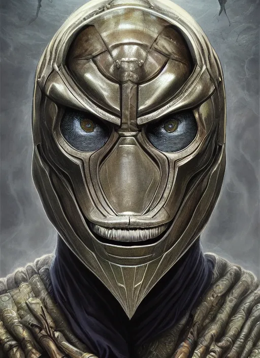 Prompt: mf doom reptile eyes, twotone metallic skin. intricate, elegant, highly detailed, centered, digital painting, artstation, concept art, smooth, sharp focus, illustration, artgerm, tomasz alen kopera, peter mohrbacher, donato giancola, joseph christian leyendecker, wlop, frank frazetta