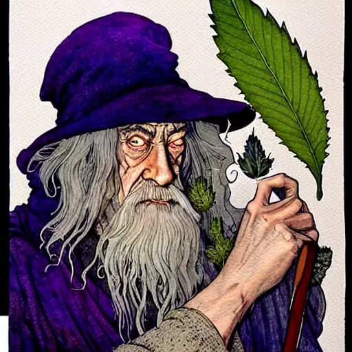 Image similar to a realistic and atmospheric watercolour fantasy character concept art portrait of gandalf with red eyes smoking a huge blunt looking at the camera with a marijuana leaf nearby by rebecca guay, michael kaluta, charles vess and jean moebius giraud