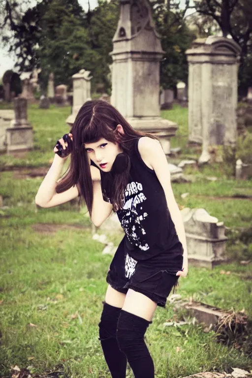 Image similar to egirl doing a shuffle dance in an abandoned graveyard, aesthetic!!, clean composition, outdoor lighting, beautiful highly symmetric face, gazing eyes