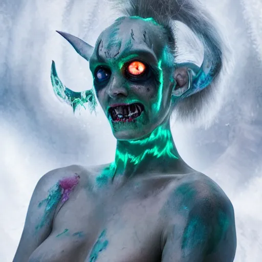 Image similar to a demon inspired by borealis created by the make up artist hungry, photographed by andrew thomas huang, cinematic, expensive visual effects