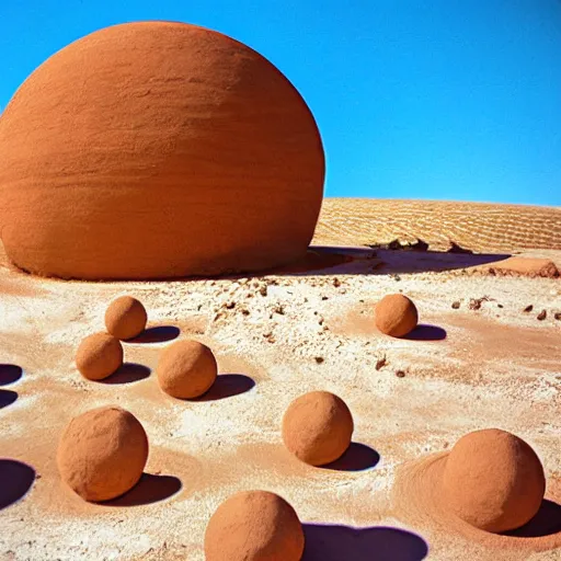 Prompt: an orb-like clay structure sitting in the desert, vintage photo, cinematography, blue sky