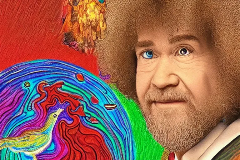 Prompt: bird's eye view of a god transubstantiating into a human being, highly detailed, realistic, as drawn by bob ross and lisa frank