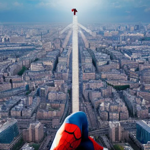 Image similar to two - point perspective landscape of spider man sitting on top of the eiffel tower